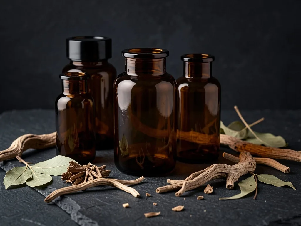 Apothecary bottles with botanical ingredients