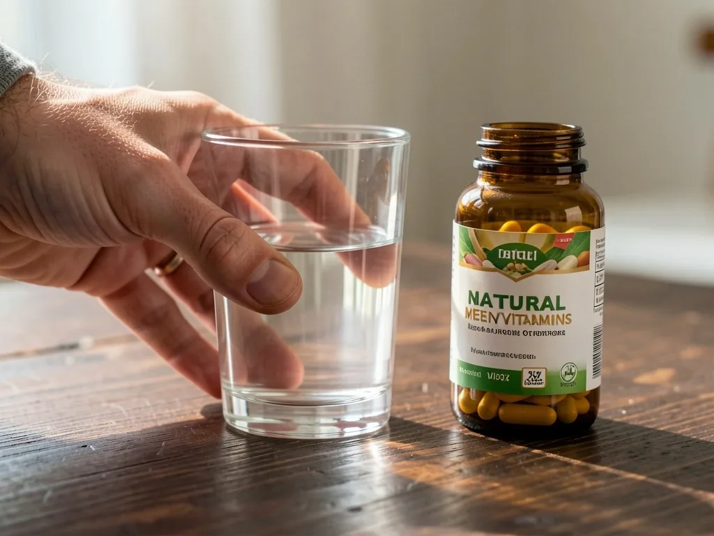 Natural supplement capsules in amber glass bottles