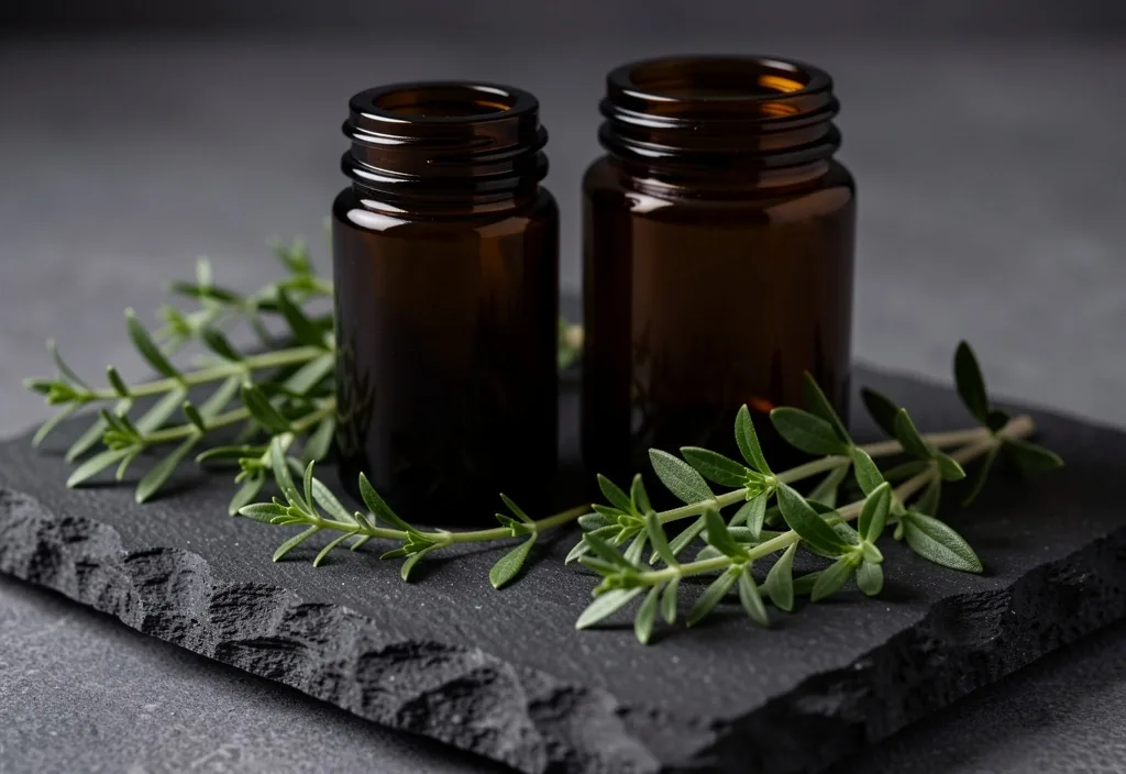 Amber apothecary bottles with herbal extracts