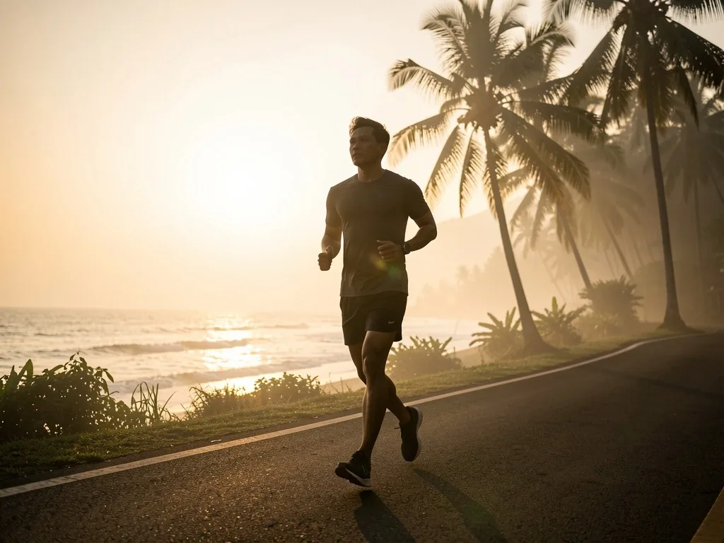 Man running along coastal road in tropical climate
