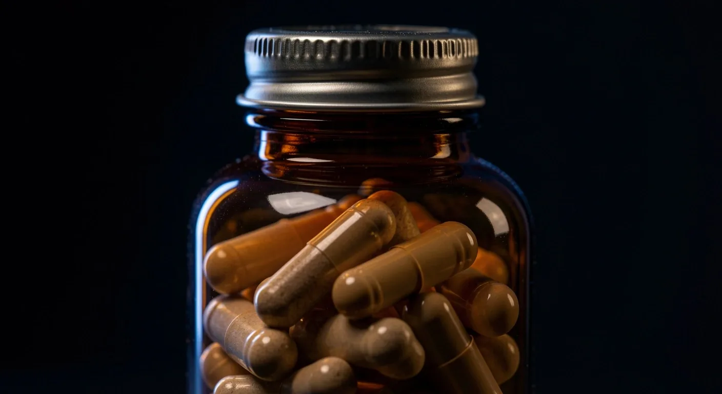 FitPria natural supplement capsules in dark amber apothecary glass