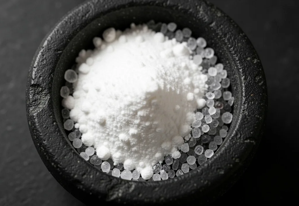 Crystalline vitamin powder and mineral granules in a dark mortar
