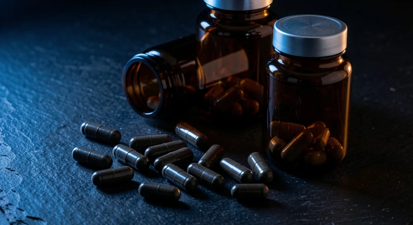 Natural supplement capsules and amber glass bottles on a dark surface