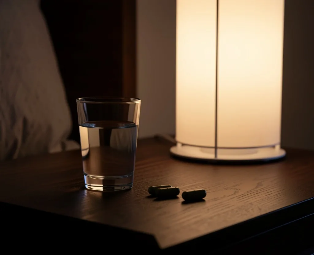 Bedside lamp in dark bedroom