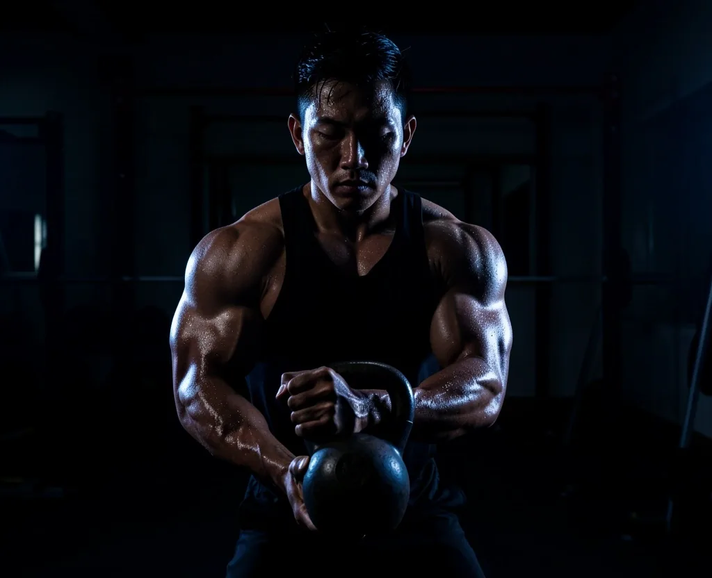 Man training with kettlebell in dark gym